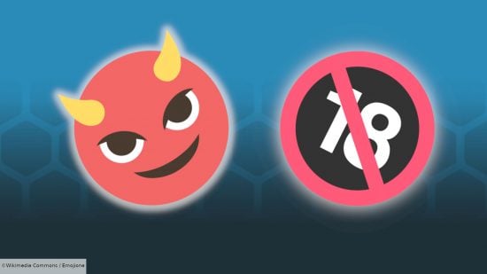 Best Truth or Dare questions guide - Wargamer image with a blue hex background, showing a horny devil face emoji and a 18+ symbol emoji