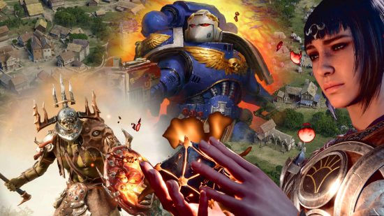 Wargamer's videogames 2023 - photomontage with an Ork, a dark-haried elf holding a strange artefact, a blue-armored Space Marine, super-imposed over a scene of a medieval village
