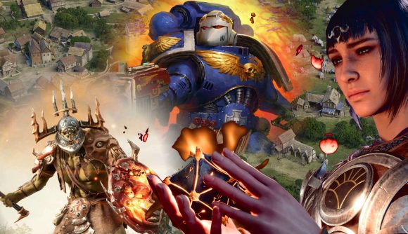 Wargamer's videogames 2023 - photomontage with an Ork, a dark-haried elf holding a strange artefact, a blue-armored Space Marine, super-imposed over a scene of a medieval village