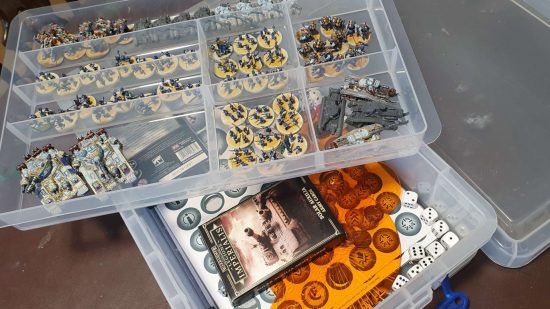 Build and paint Legions Imperialis - a Solar Auxilia army stored in a Really Useful Box stationery tray, with other components stored underneath