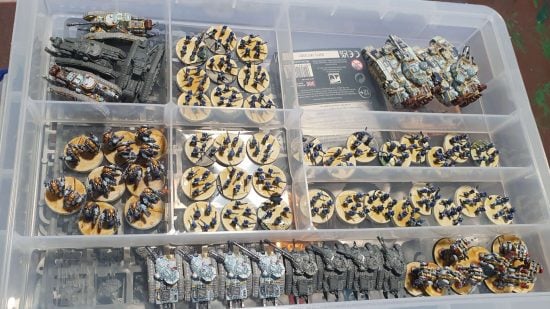 Build and paint Legions Imperialis - a Solar Auxilia army stored in a Really Useful Box stationery tray