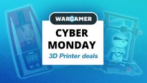 Cyber Monday 3D printer deals written on a white card with the Wargamer logo above and some printers themselves in the background.