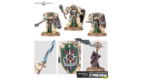 Dark Angels Deathwing Terminators, warriors in heavy bone-white warplate wielding power maces and storm shields, plus details of a sword, stormshield, and a Watcher in the Dark carrying a censor