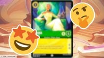 Blurred Disney Lorcana card and two Twitter emojis looking thoughtful and excited