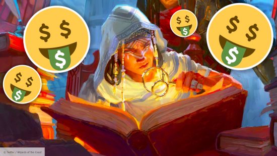 Wizards of the Coast art of an adventurer reading a book, and Twitter emojis with dollar sign eyes