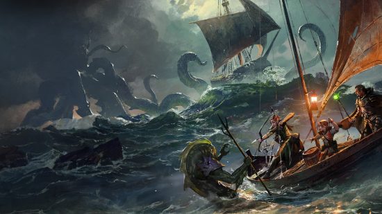 DnD monster - a fish person climbing aboard a boat to attack while a kraken ravages a ship in the background.