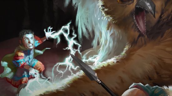 DnD playtest Conjure Minor Elementals - Wizards of the Coast art of a gnome using lightnign magic on a monster