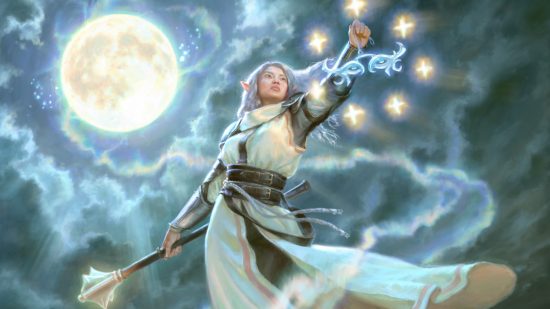 DnD playtest a cleric with a mace casting a spell beneath a full moon