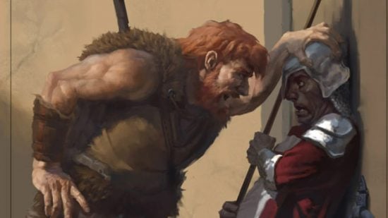 DnD Unarmed Strike 5e - Wizards of the Coast art of a Barbarian threatening a guard