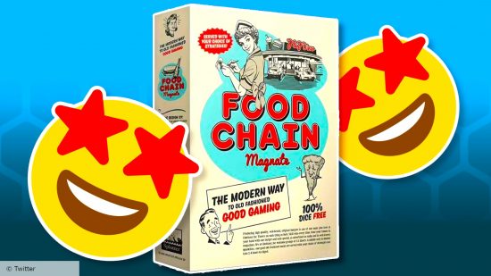 Image of Food Chain Magnate board game and two Twitter emojis