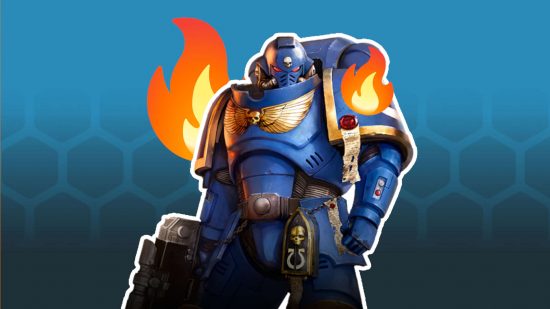 Does the new Games Workshop webstore suck? A blue armored ultramarines Space Marine with fire emojis
