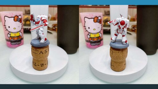 Hello Kitty Space Marines - two photos of a white, pink, and red Hello Kitty Space Marine photographed from front and back