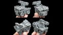 miniatures in Legions Imperialis scale, Full Spectrum Dominance Union Fortress, a huge construction vehicle with back-mounted laser, photographed from four angles