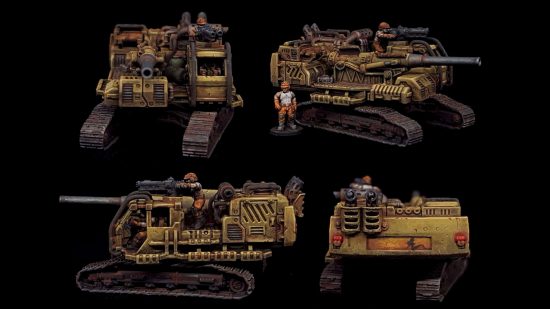 miniatures in Legions Imperialis scale, Full Spectrum Dominance Union gunwagon, a converted construction vehicle with a honking great gun, photographed from four angles