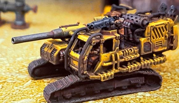 miniatures in Legions Imperialis scale, Full Spectrum Dominance Union gunwagon, a converted construction vehicle with a honking great gun