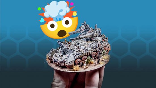 Legions Imperialis alternative - a hand lifts a tiny miniature of a huge tracked vehicle from the wargame Full Spectrum Dominance, while a "mind-blown" emoji looks on, presumably with its mind blown.