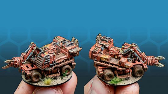 Legions Imperialis alternative - hands lift tiny miniature of a huge ramshackle vehicle from the wargame Full Spectrum Dominance