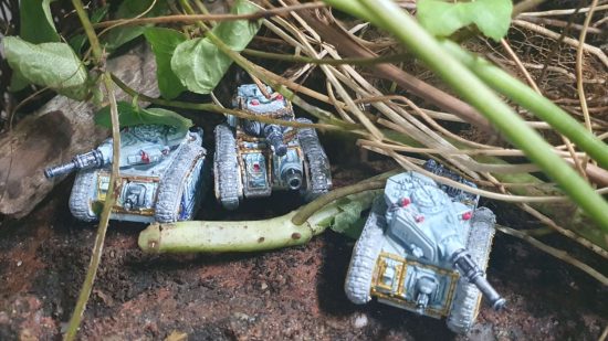 Legions Imperialis review - three Solar Auxilia tanks in a jungle