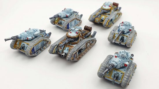 Legions Imperialis review - a Solar Auxilia tank company, with two Malcador battletanks and four Leman Russ