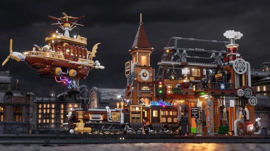 Lego Alternatives - a steampunk scene with world trade center and airship
