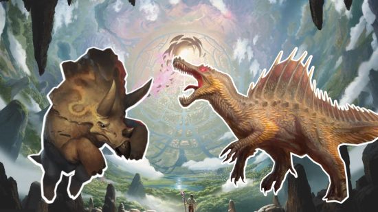 MTG dinosaurs on a background of the Core card.