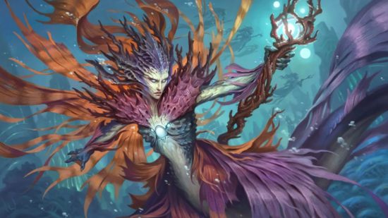 MTG Merfolk art showing a colorful coral colored merman with a staff
