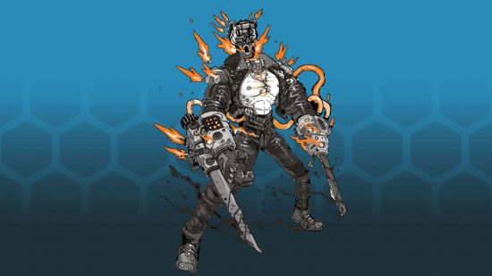 Magnagothica Maleghast is like high-energy goth Warhammer 40k - illustration of a Goregrinder by Tom Bloom, a combination of human, motorbike, and massive wrist-mounded swords
