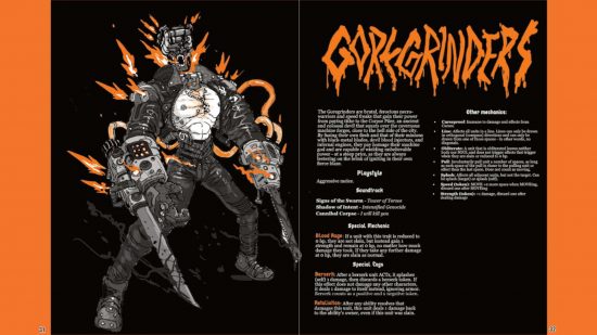 Imagine high-energy goth Warhammer - Magnagothica Maleghast splash page for House Goregrinder, with an illustration of a man machine hybrid with steam hammers for hands