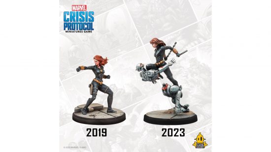 Marvel Crisis Protocol - a before and after showing a mini from 2019 and one from 2023 of Black Widow