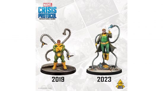 Marvel Crisis Protocol - a before and after showing a mini from 2019 and one from 2023 of Doc Ock