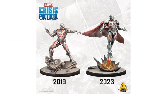 Marvel Crisis Protocol - a before and after showing a mini from 2019 and one from 2023 of Ultron