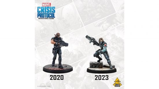 Marvel Crisis Protocol - a before and after showing a mini from 2019 and one from 2023 of Winter Soldier