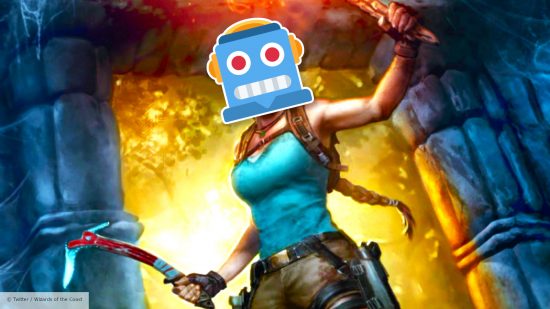 MTG Ad AI art - Wizards of the Coast art of Lara Croft with a Twitter robot emoji pasted over her face