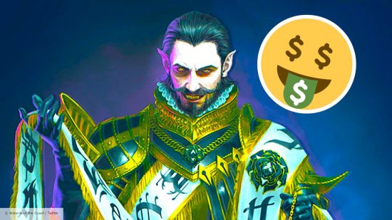 MTG Commander decks Ixalan reprints - Wizards of the Coast art of a vampire and a Twitter emoji thinking about money