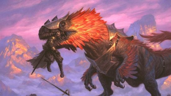 MTG dinosaur card art showing a feathered carnivore chewing on a vampire.