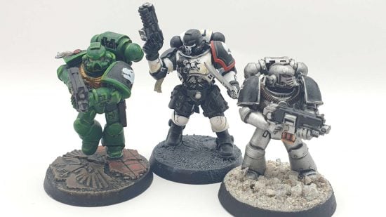 Painting Space Marines - three color schemes, a green Salamander, bone and black mortifactor, and silver Iron Warrior