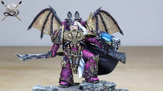 A model painted by pro Warhammer painting service Siege Studios - Emperor's Children captain Eidolon, a winged marine in purple armor
