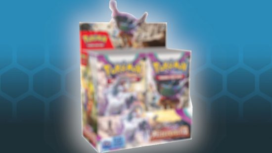 Pokemon booster box black friday deal Paldea Evolved - sales photo of a Paldea Evolved booster box, blurred out, against a blue hex pattern background