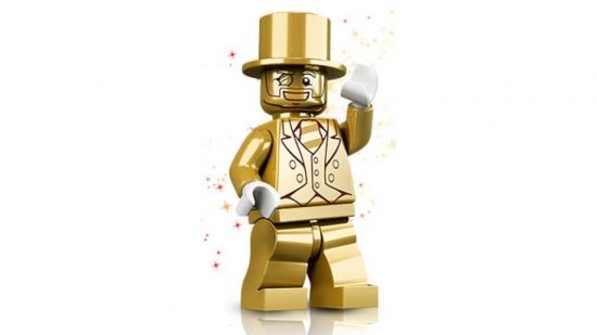 Rare Lego pieces - Mr Gold minifigure, a chrome gold lego minifigure in a tuxedo and tophat