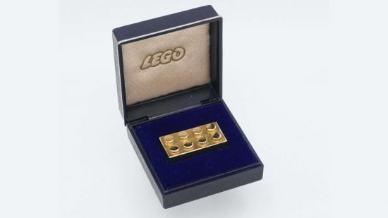 Rare lego pieces - a solid gold lego brick in a presentation case