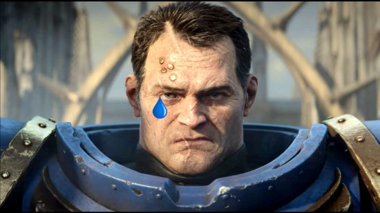 Warhammer 40k Space Marine 2 release date delayed - screenshot of Lt Titus, a man shaped like a fridge in blue power armor, shedding a single cartoon tear