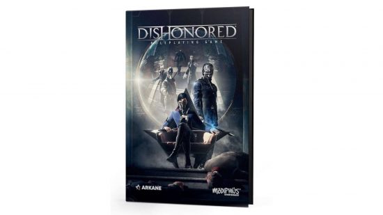 Tabletop RPG sale - Dishonored core rulebook, two assassins in blue blazers wearing metal facemasks