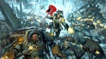 Cover art for codex Warhammer 40k Space Wolves by Phil Moos - a band of warriors in grey power armor rush forwards, one holding a red electric guitar like an axe