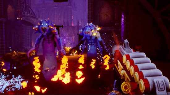 Warhammer 2023 retrospective - screenshot from Warhammer 40k Boltgun, shooting bright blue pixel art Flamers of Tzeentch with a shotgun