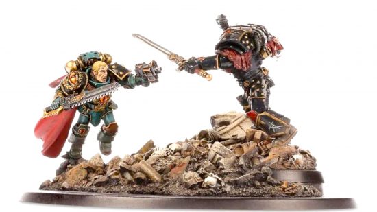 Warhammer 40k Abaddon the Despoiler - Games Workshop photo showing the Forge World resin diorama of Abaddon and Loken's duel on Isstvan III