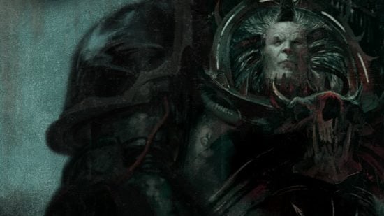 Warhammer 40k Abaddon the Despoiler - Games Workshop artwork showing Abaddon in his terminator plate in black and white, looking fierce and contemplative