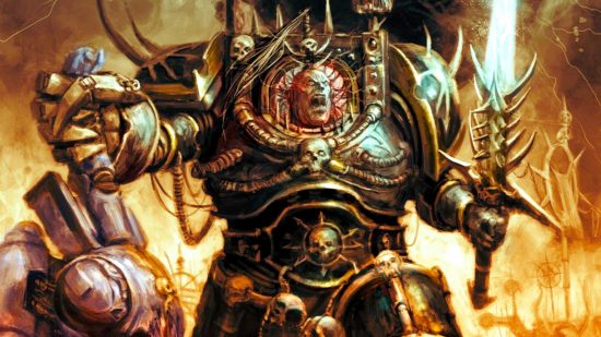Warhammer 40k Abaddon the Despoiler - Games Workshop artwork showing Abaddon, armed with Drach'Nyen, screaming and holding up a dead Ultramarine