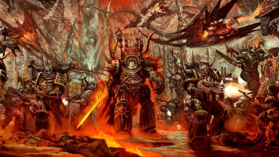 Warhammer 40k Abaddon the Despoiler - Games Workshop artwork showing Abaddon, armed with Drach'Nyen, leading Black Legion terminators into battle
