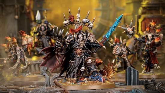 Warhammer 40k Abaddon the Despoiler - Games Workshop photo showing the new Abaddon model fully painted with other Black Legion models on the battlefield