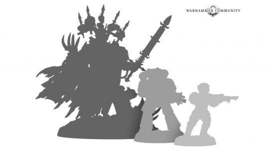 Warhammer 40k Abaddon the Despoiler - Games Workshop image showing a size comparison between the new Abaddon model, a Space Marine, and an Imperial Guard soldier